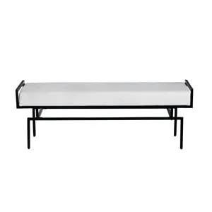 Upholstered White Accent Bench With Black Iron Frame