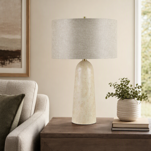 Beige Resin Table Lamp With Gray Linen Drum Shade