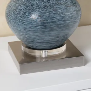 Double-gourd Blue Ceramic Table Lamp With Crystal Base And Drum Shade.