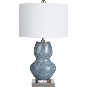 Double-gourd Blue Ceramic Table Lamp With Crystal Base And Drum Shade.
