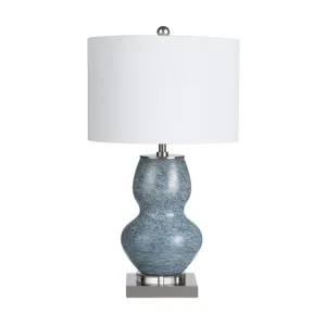 Double-gourd Blue Ceramic Table Lamp With Crystal Base And Drum Shade.