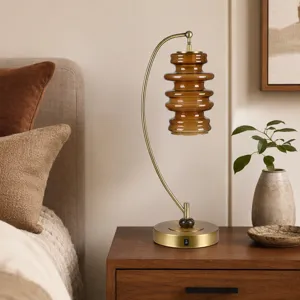 Polished Gold Metal Task Lamp With Brown Glass Shade