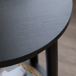 Round Mindi Wood And Rattan Black Accent Table