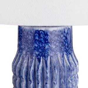 Set Of 2 Blue Ribbed Ceramic Lamps With Crytsal Bases