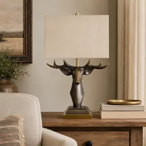 Deer Head Table Lamp With Beige Burlap Shade