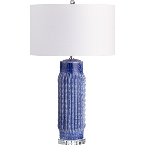 Set Of 2 Blue Ribbed Ceramic Lamps With Crytsal Bases