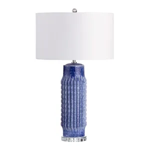 Set Of 2 Blue Ribbed Ceramic Lamps With Crytsal Bases