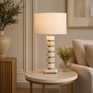 White And Gold Polished Stone Table Lamp With White Linen Shade