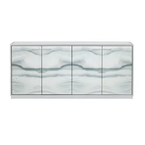 White And Gray Marble Inspired Reverse Painted Glass 4-door Media Credenza/sideboard