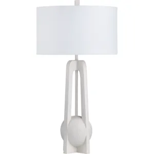 White Textured Table Lamp With Modern Geometric Base And Linen Drum Shade