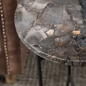Black Petrified Wood And Metal Round Accent/end Table