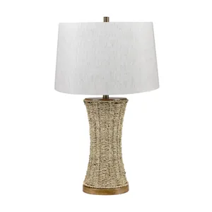 Curved White Washed Grass Rope Table Lamp With Oat Linen Shade And Brown Metal Base