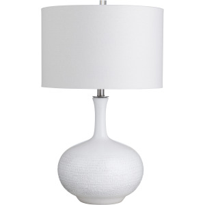 Set Of 2 White Ceramic Table Lamps With Etched Detailing And Drum Shades.