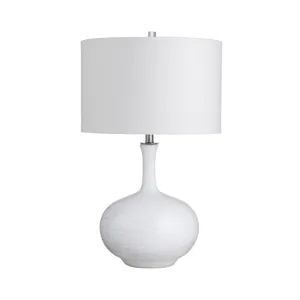 Set Of 2 White Ceramic Table Lamps With Etched Detailing And Drum Shades.