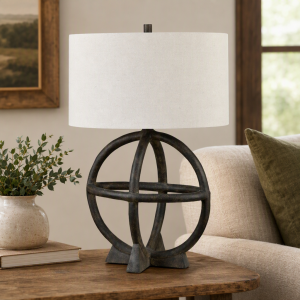 Black Resin Table Lamp With Oat Linen Oval Shade