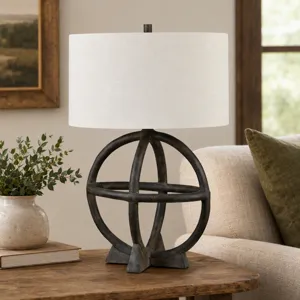 Black Resin Table Lamp With Oat Linen Oval Shade