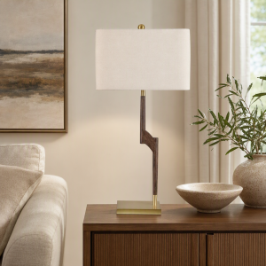 Brown Table Lamp With Brass Metal Base And Oat Linen Shade