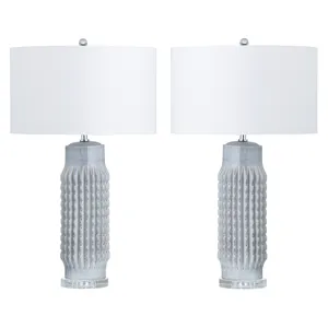Set Of 2 Powdered Blue Ceramic Lamps With Crystal Bases