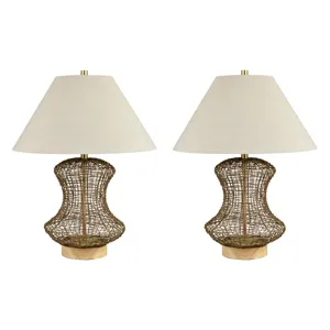 Set Of 2  Rattan Table Lamp With Linen Shade