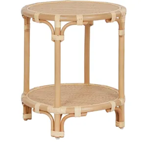 Round Tan Raffia Accent End Table