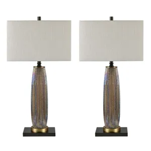 Set Of 2  Glass Table Lamp With Grey Linen Shade