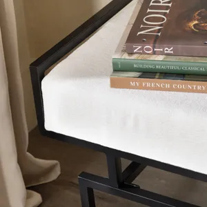 Upholstered White Accent Bench With Black Iron Frame