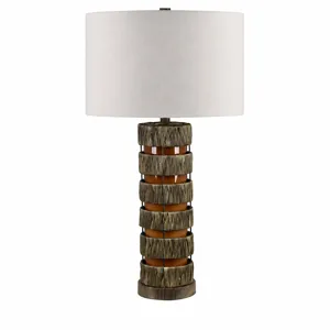 Brown Boho Table Lamp With Oat Linen Drum Shade