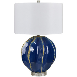 Cobalt Blue Ceramic Table Lamp With Reactive Glaze And Drum Shade.