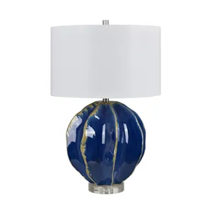 Cobalt Blue Ceramic Table Lamp With Reactive Glaze And Drum Shade.
