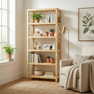 82.25 In. Tan Raffia 5 Shelf Etagere/bookcase