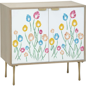 2 Door Tan Wood Grain Accent Cabinet With Painted Floral Doors And Metal Legs