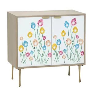 2 Door Tan Wood Grain Accent Cabinet With Painted Floral Doors And Metal Legs