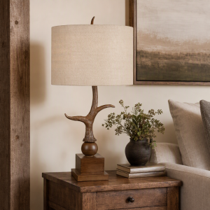 Brown Distressed Resin Table Lamp With Beige Burlap Shade