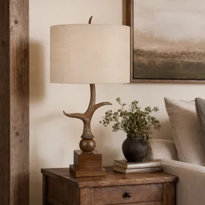 Brown Distressed Resin Table Lamp With Beige Burlap Shade