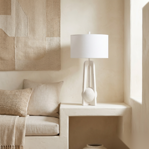 White Textured Table Lamp With Modern Geometric Base And Linen Drum Shade