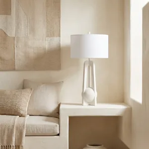 White Textured Table Lamp With Modern Geometric Base And Linen Drum Shade
