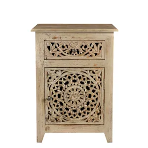 Bengal Manor Mango Wood Pierced 1 Drawer And 1 Door Distressed Grey Accent Cabinet