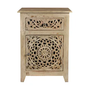 Bengal Manor Mango Wood Pierced 1 Drawer And 1 Door Distressed Grey Accent Cabinet