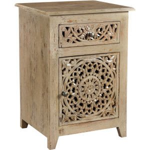 Bengal Manor Mango Wood Pierced 1 Drawer And 1 Door Distressed Grey Accent Cabinet
