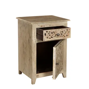 Bengal Manor Mango Wood Pierced 1 Drawer And 1 Door Distressed Grey Accent Cabinet