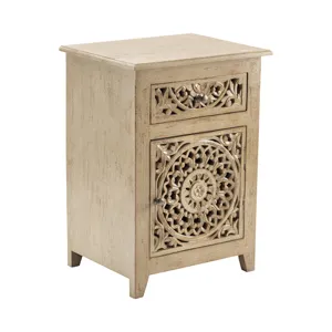 Bengal Manor Mango Wood Pierced 1 Drawer And 1 Door Distressed Grey Accent Cabinet