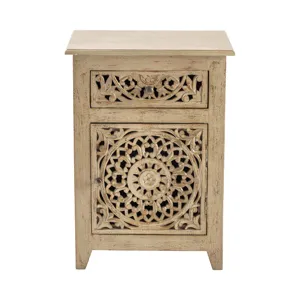 Bengal Manor Mango Wood Pierced 1 Drawer And 1 Door Distressed Grey Accent Cabinet