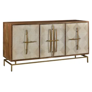 Bengal Manor Mango Wood 3 White Pattern Door Sideboard With Unique Antique Gold Hardware