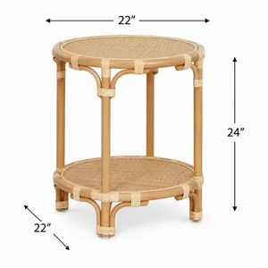 Round Tan Raffia Accent End Table
