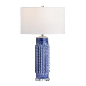 Set Of 2 Blue Ribbed Ceramic Lamps With Crytsal Bases