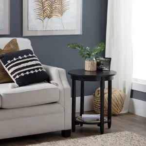 Round Mindi Wood And Rattan Black Accent Table