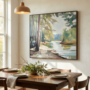 Riverside Pines Nature Landscape Hand-painted Framed Canvas Wall Art
