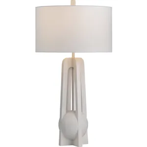 White Textured Table Lamp With Modern Geometric Base And Linen Drum Shade