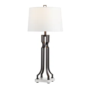 Aged Bronze Metal And Marble Table Lamp With Linen Shade