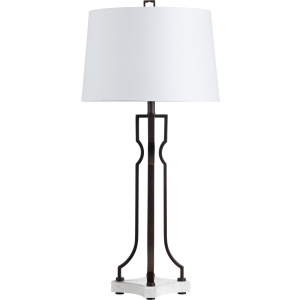 Aged Bronze Metal And Marble Table Lamp With Linen Shade